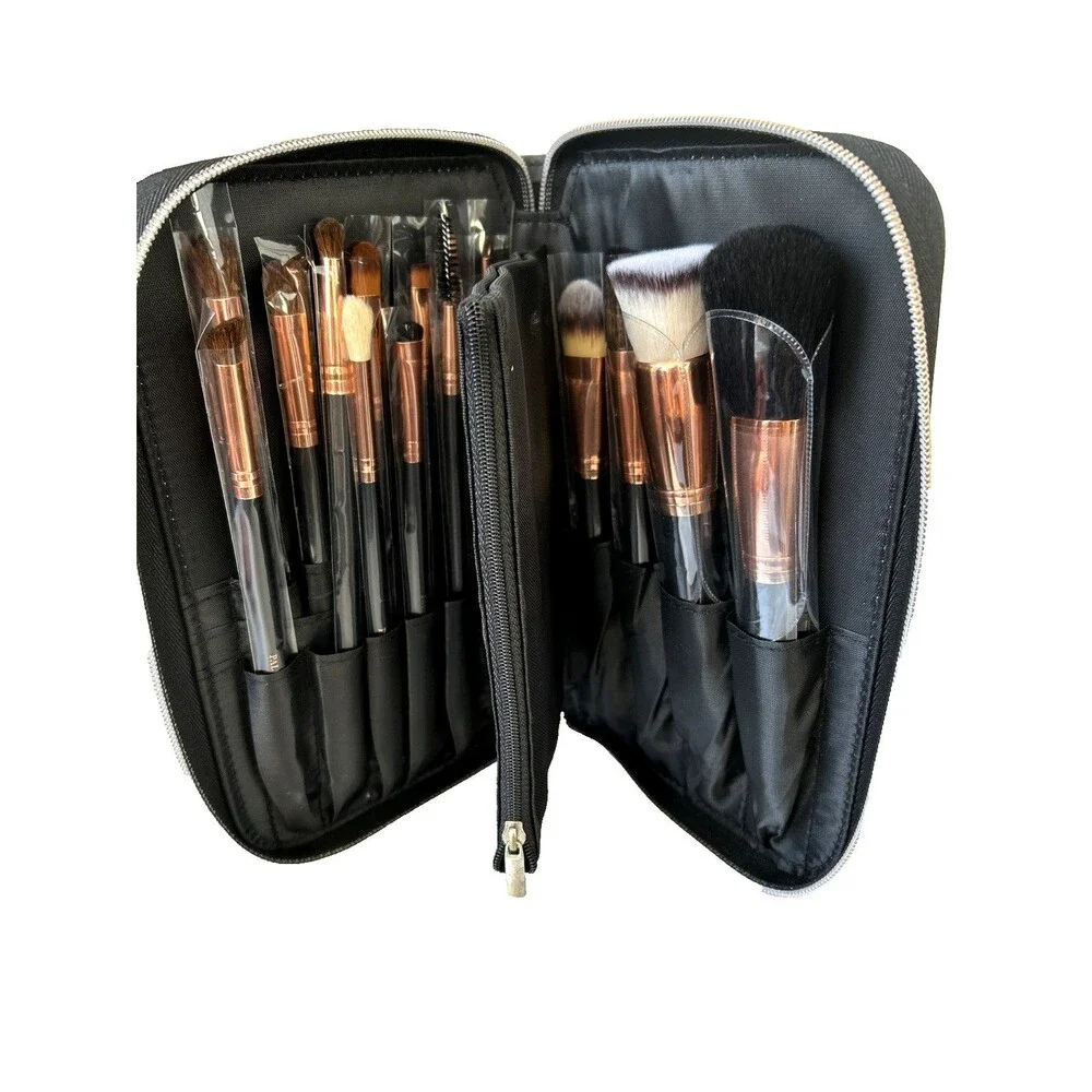 Palmero Makeup Brush Set Full Set 16 Brushes Faux Black Leather Zipper Case NEW